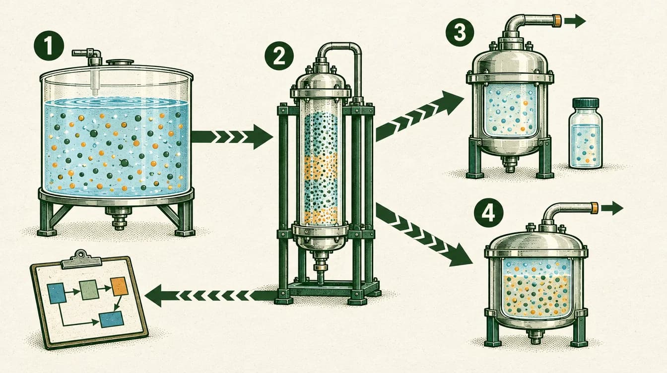 A conceptual process flow: mixed brine enters a separation stage; a lithium-rich stream continues to purification and conversion while other material follows a separate outlet. Test results feed back into design. The diagram does not specify E3’s equipment or measured recovery.