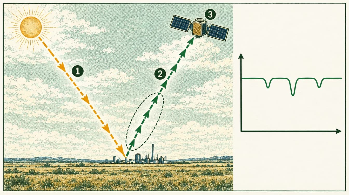 Sunlight travels down to the ground near an industrial site, reflects, and travels back up through an invisible methane cloud to a satellite. The satellite’s spectrometer splits the light by wavelength. A small graph shows the light received dipping slightly, but not to zero, at the wavelengths methane absorbs.