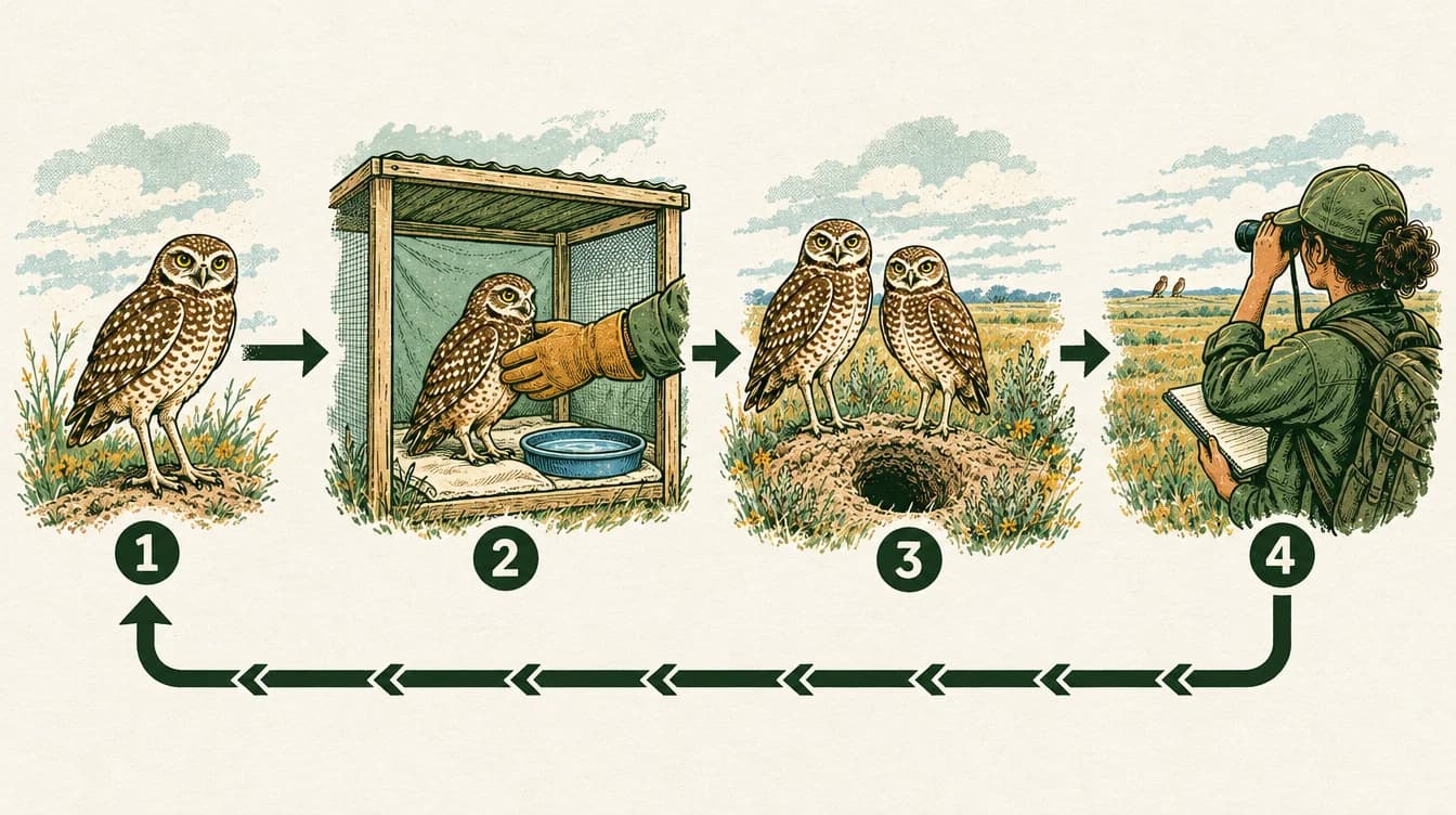 A four-stage conservation sequence: vulnerable young owls, winter care, spring release in pairs, then monitoring survival and breeding. A feedback arrow returns evidence to future care and release decisions. Release is not the same as population recovery.