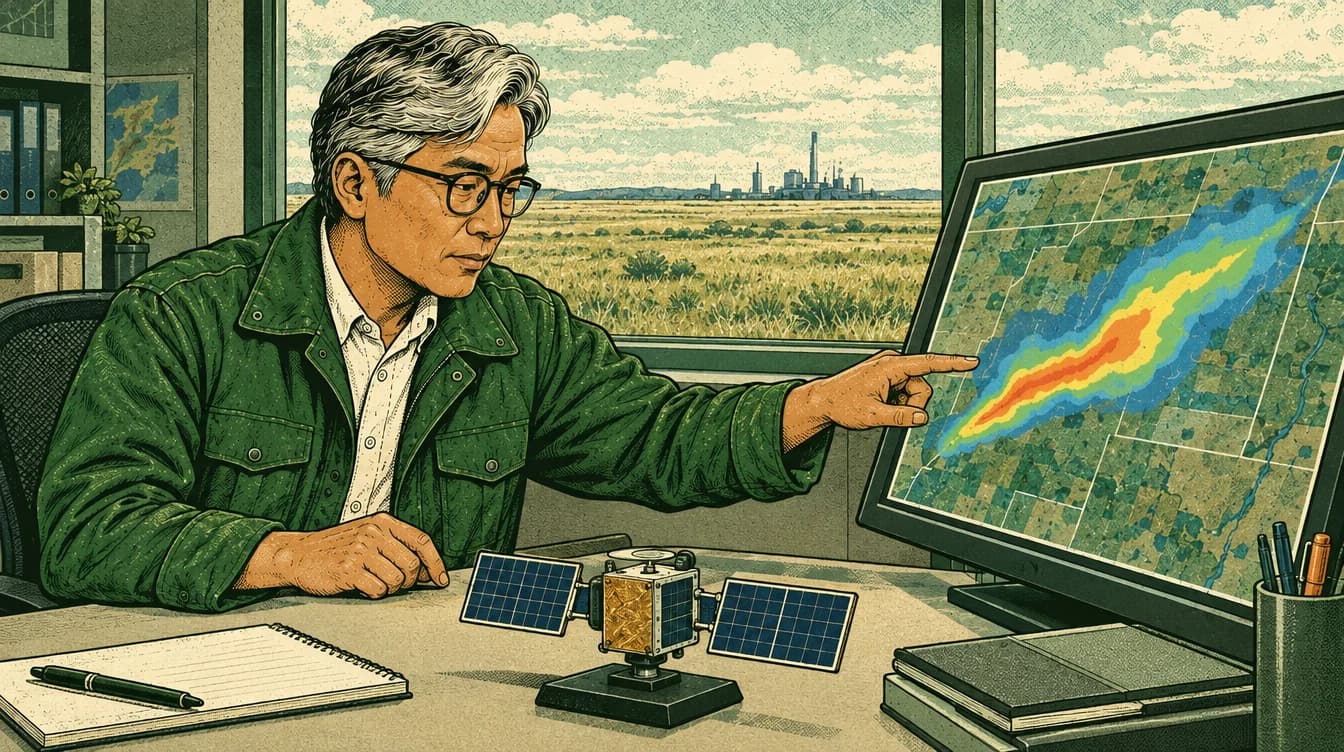 Graphic-novel illustration of a scientist studying a colour-coded methane map on a screen, with a small satellite model on the desk.