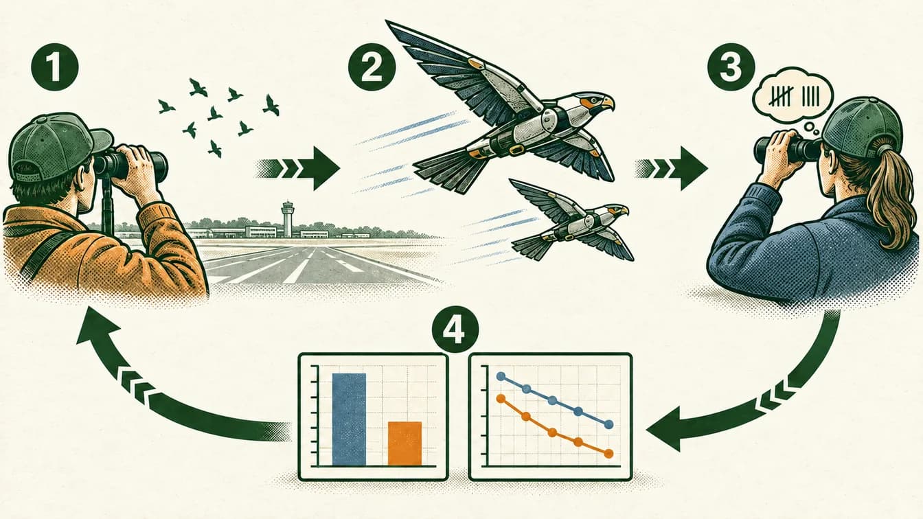 Conceptual sequence: Record bird activity before intervention. Use the bird-shaped drone as one part of site management. Continue observations after the intervention. Compare results and consider other explanations.