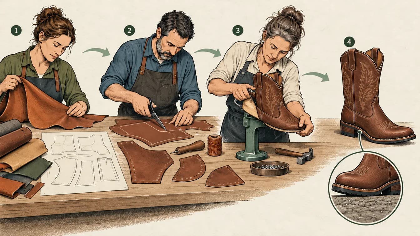 Flat material pieces are joined and shaped into a boot; a separate model examines forces at ground contact.