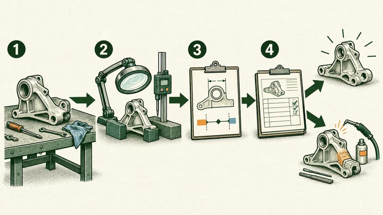 Conceptual sequence: Identify the component and the applicable procedure. Inspect and measure its condition. Compare the evidence with approved limits. Record the authorized maintenance decision.