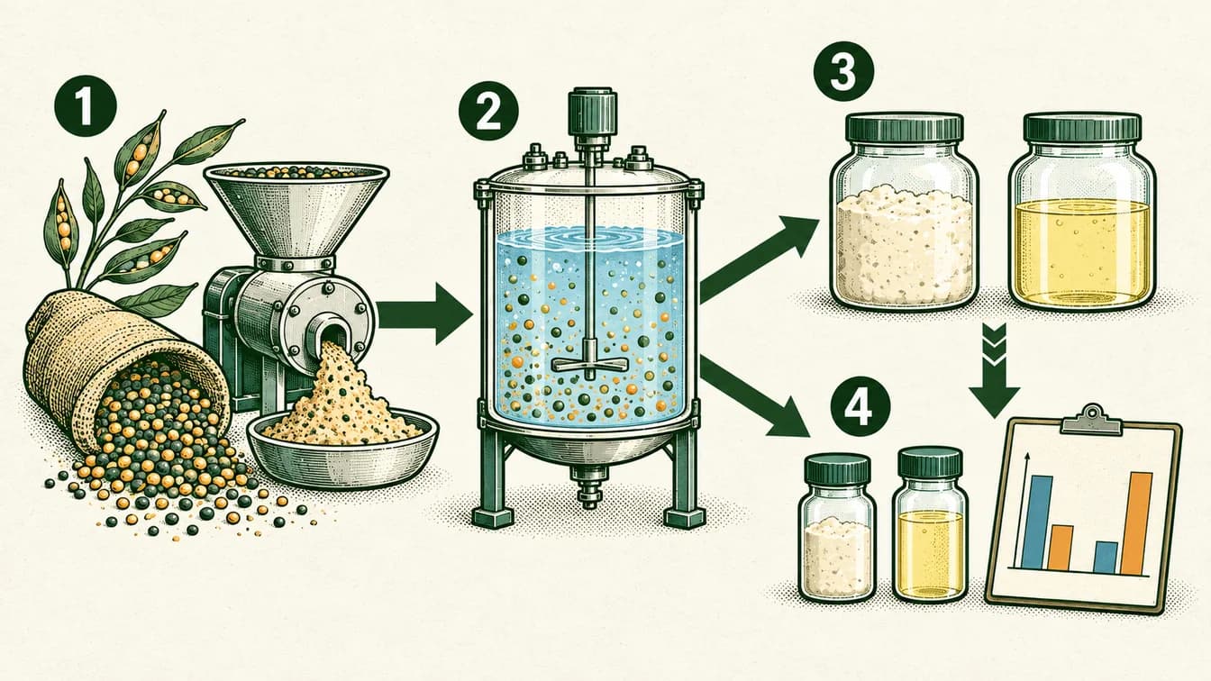 Conceptual sequence: Begin with an oilseed mixture. Use a water-based separation process. Recover different fractions, including proteins and oleosomes. Test the properties needed for a useful ingredient.