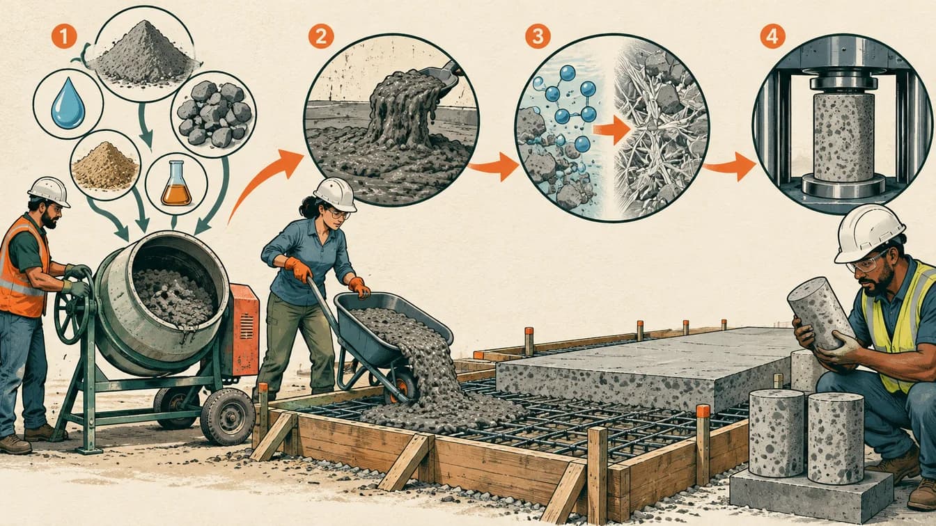 Ingredients are mixed, delivered and placed before the hardened material is checked against its purpose.