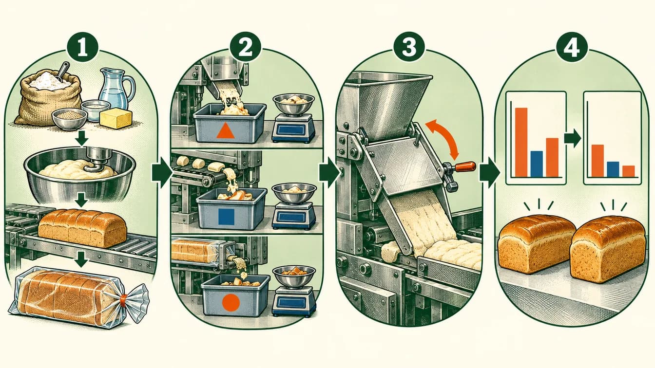 Conceptual teaching illustration for Where does a bakery lose food before it reaches the customer? Four numbered stages and arrows correspond to the explanation below.