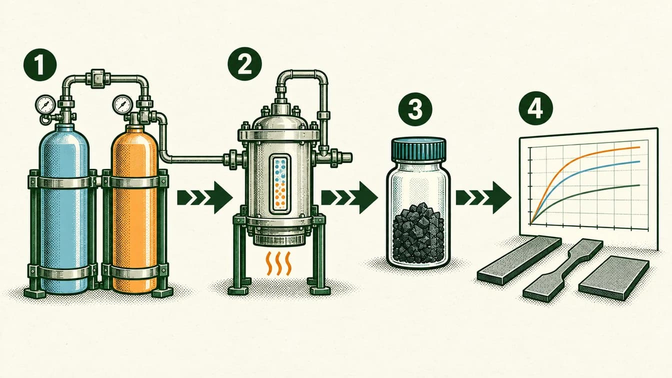 Conceptual sequence: Supply carbon-containing gases to the process. Use controlled reaction conditions. Recover solid carbon material. Measure its properties and the process inputs and outputs.