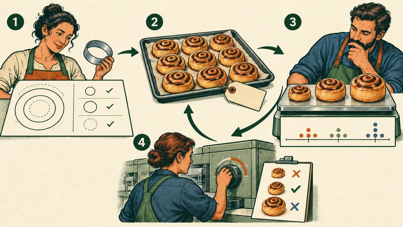 Conceptual teaching illustration for How can thousands of pastries come out consistently? Four numbered stages and arrows correspond to the explanation below.