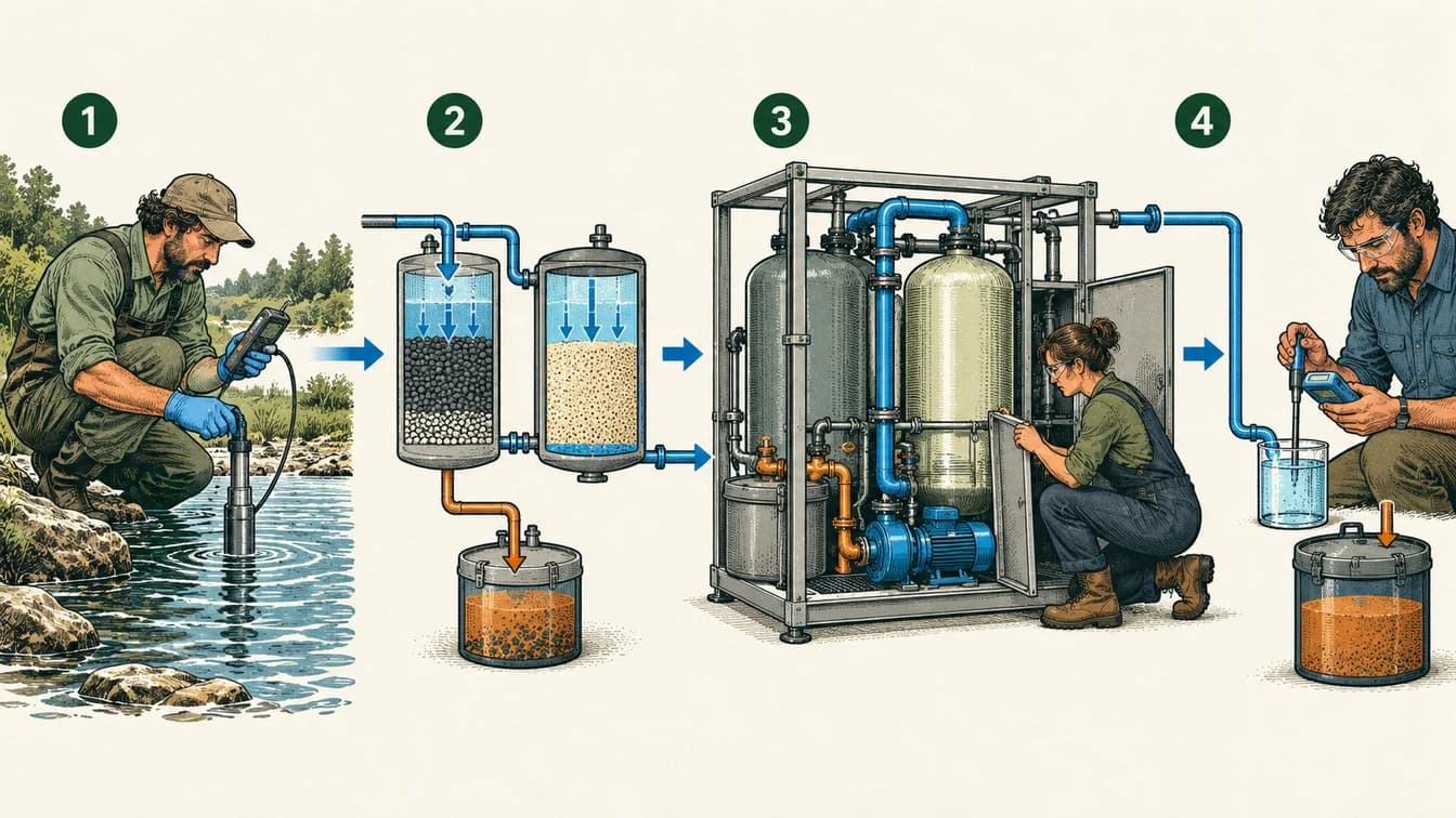 Conceptual teaching illustration for How can you fit a water-treatment process into a modular unit? Four numbered stages and arrows correspond to the explanation below.