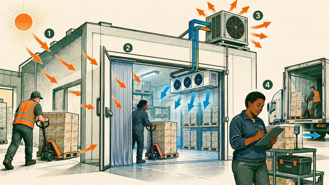 Goods move through a cold store while refrigeration removes incoming heat.