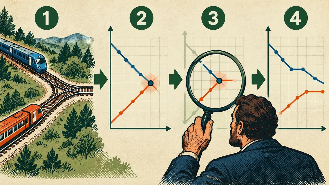 Conceptual teaching illustration for How can trains share a rail network without getting in each other’s way? Four numbered stages and arrows correspond to the explanation below.