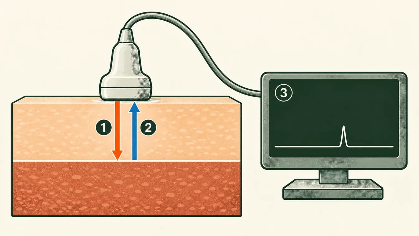 An orange arrow shows a sound pulse travelling down from an ultrasound probe to a tissue boundary. A blue arrow shows the echo returning up to the probe. A connected screen shows one received echo peak.