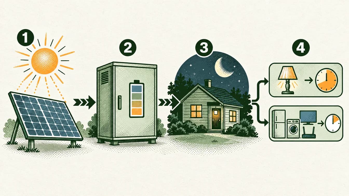Conceptual sequence: Electricity is available at one time. Store some energy for later use. Discharge it when electricity is needed. A larger load uses the stored energy faster.