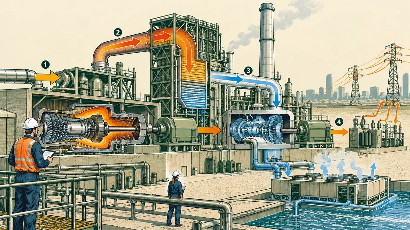 Exhaust heat from gas-turbine generation supplies a steam stage that produces additional electricity.