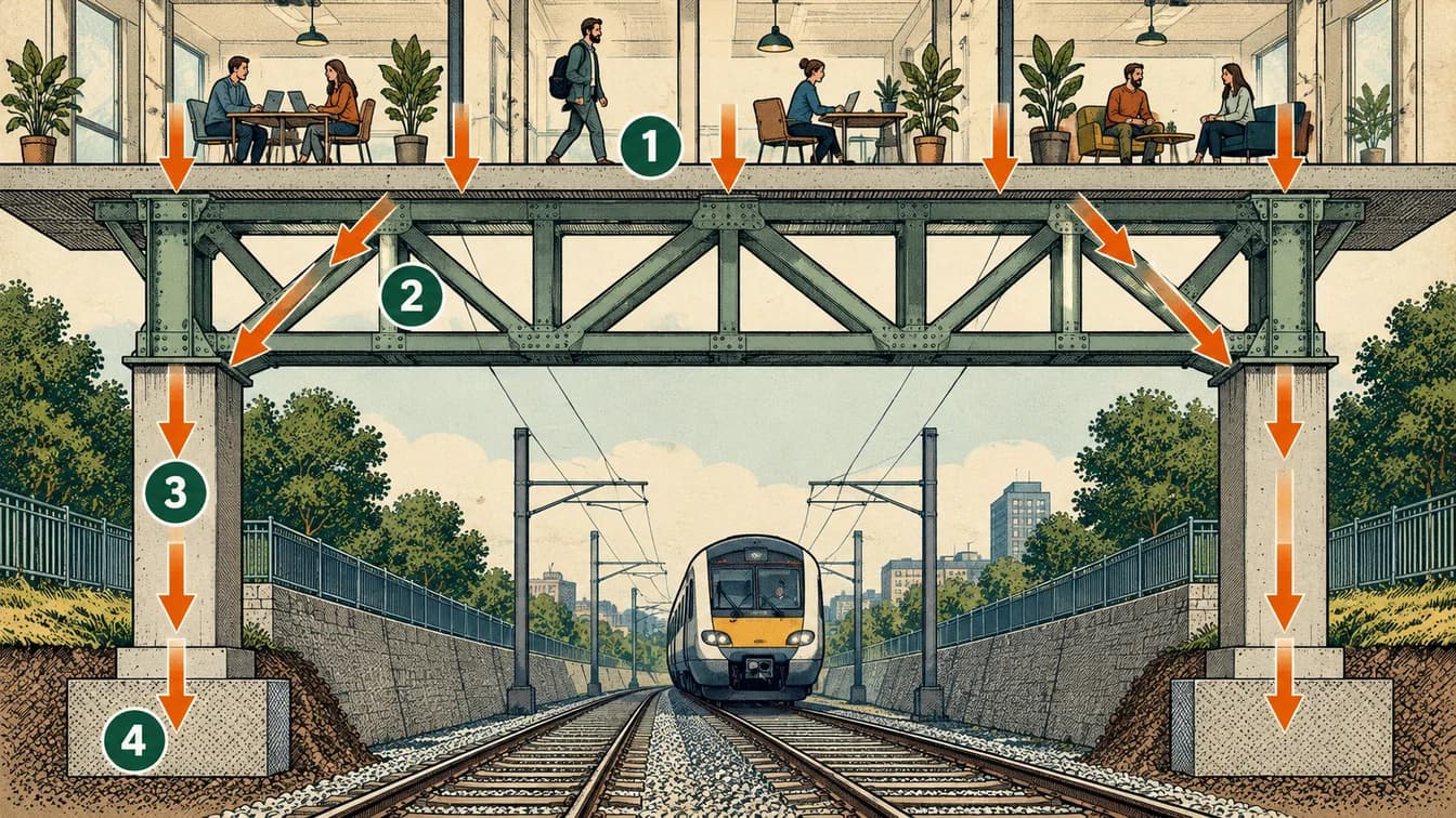 Conceptual teaching illustration for How can you support a library above a moving train? Four numbered stages and arrows correspond to the explanation below.