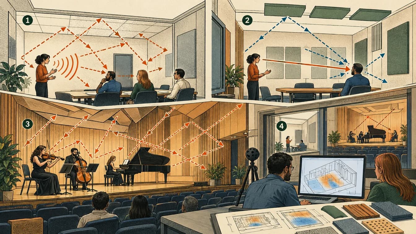 Direct and reflected sound paths are compared before and after a change to a room surface.
