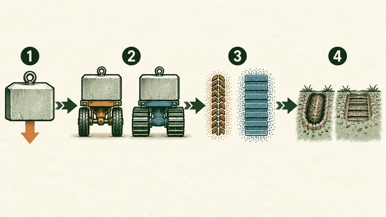 Conceptual sequence: A loaded vehicle pushes down on the ground. Wheels and tracks create different contact areas. The same force spread over more area gives lower average pressure. Ground strength, traction and loading still affect whether it sinks.