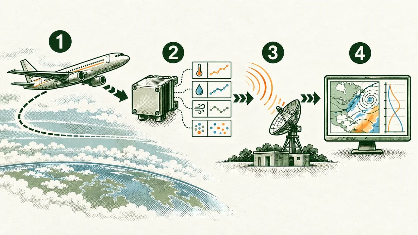 Conceptual sequence: Aircraft travel through different atmospheric conditions. Sensors collect observations along the route. Communication systems deliver data to the ground. Meteorologists combine observations with other evidence and models.