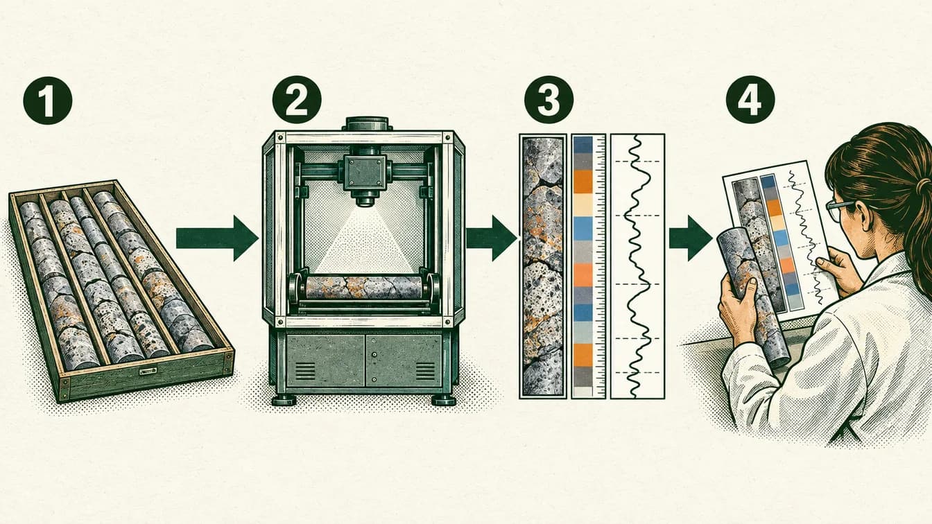 Conceptual sequence: Keep track of the rock sample and its position. Collect measurements with scanning instruments. Align different measurements of the same core. Compare patterns with geological observations and further tests.