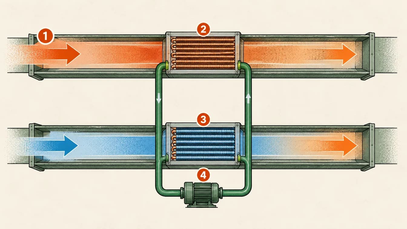A circulating liquid carries heat between coils while exhaust air and incoming air remain separate.