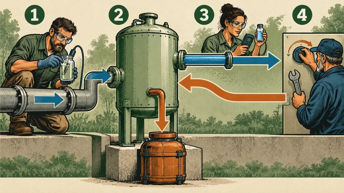 Conceptual teaching illustration for Why does a water-treatment system need more than a successful laboratory test? Four numbered stages and arrows correspond to the explanation below.