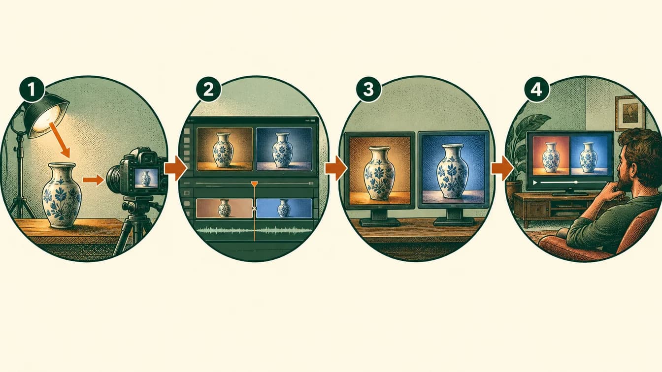 Conceptual teaching illustration for How can light and editing make separate shots feel like one scene? Four numbered stages and arrows correspond to the explanation below.
