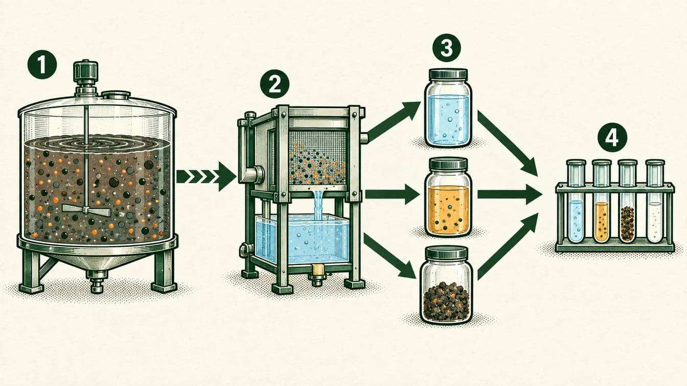 Conceptual sequence: Start with manure containing water and other material. Apply physical and chemical separation steps. Collect different water, nutrient and solid streams. Test the outputs against their intended uses.