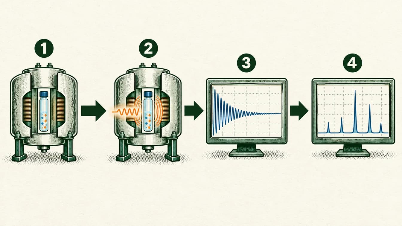 Conceptual sequence: Place the sample in a magnetic field. Apply a radio-frequency pulse. Record the response as a signal over time. Transform the signal into a spectrum to interpret.