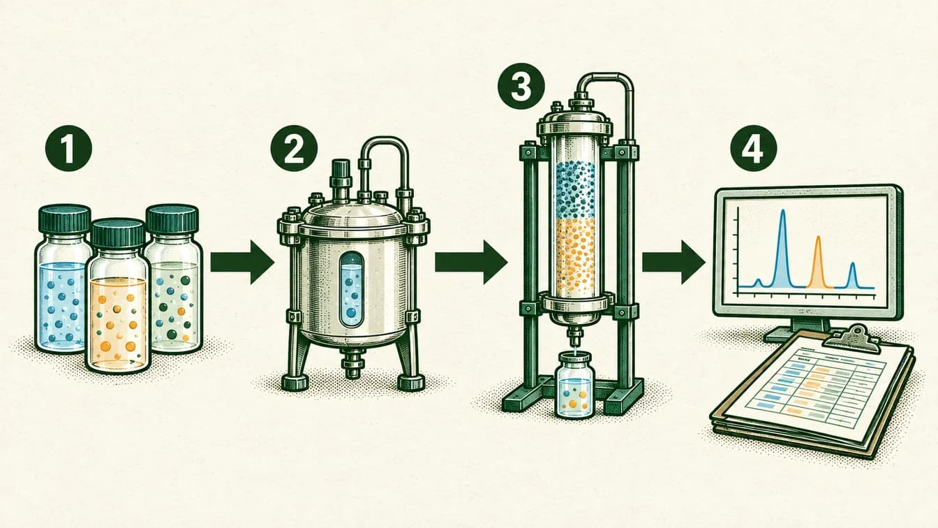 Conceptual sequence: Define the material and starting conditions. Produce a batch under recorded conditions. Separate and purify the material. Check identity, quality and consistency against the requirements.