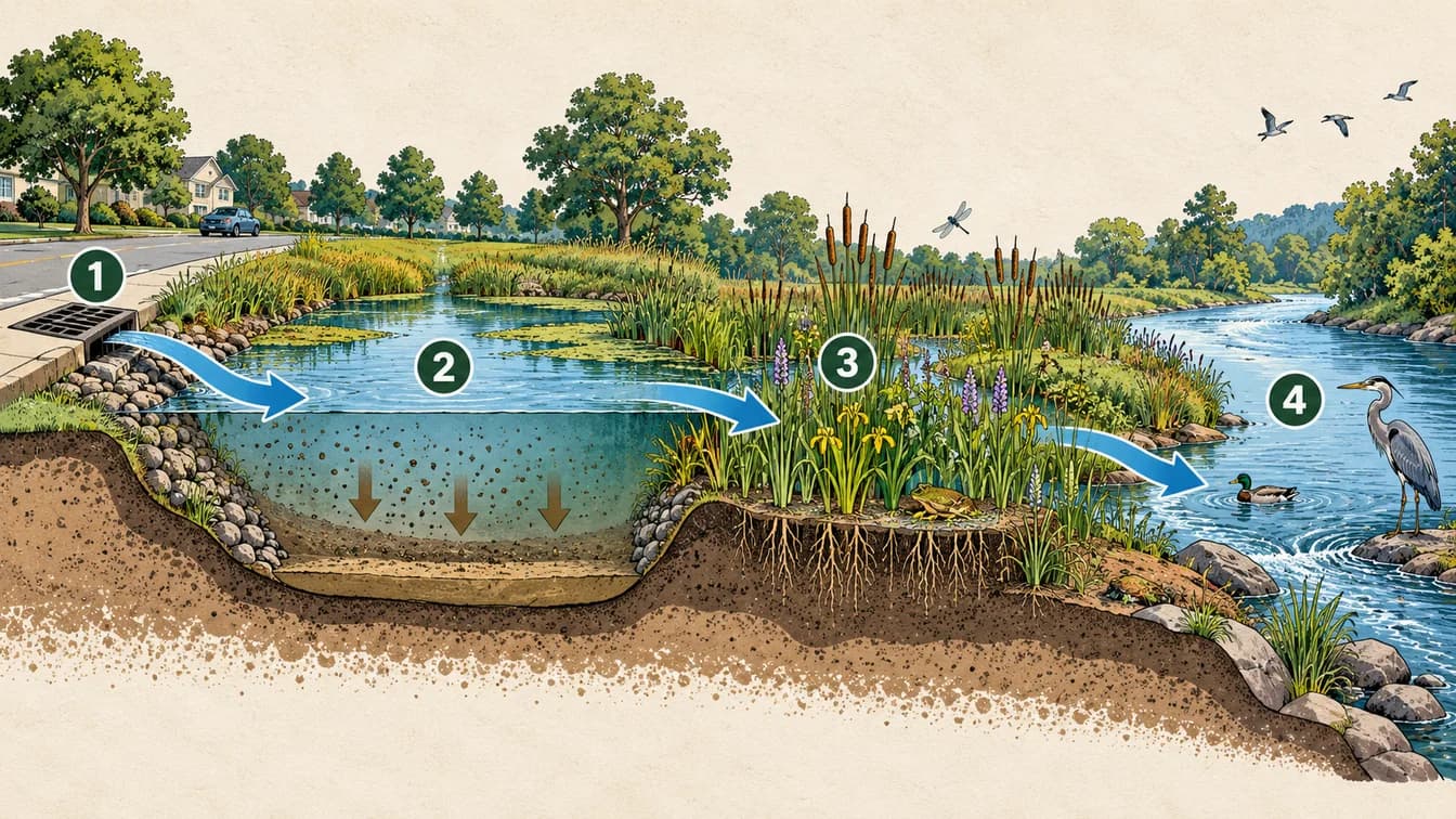 Conceptual teaching illustration for How can a park help clean stormwater before it reaches a river? Four numbered stages and arrows correspond to the explanation below.