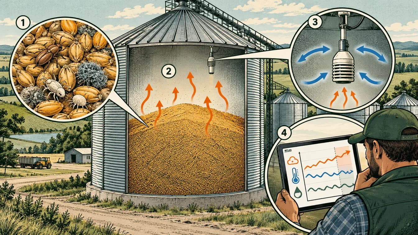 A sensor samples air above stored grain; its reading is compared with other measurements before action.