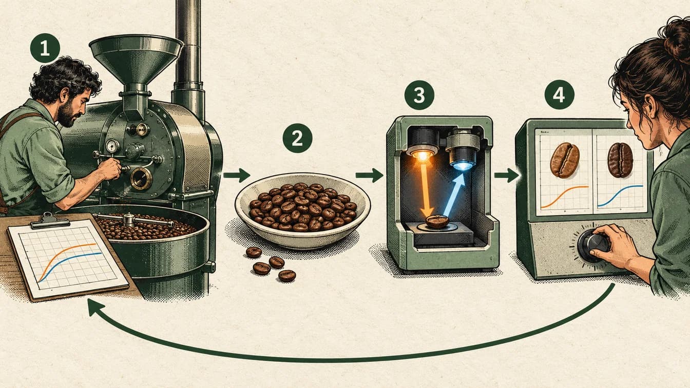 Conceptual teaching illustration for How can measurements help make a roast repeatable? Four numbered stages and arrows correspond to the explanation below.