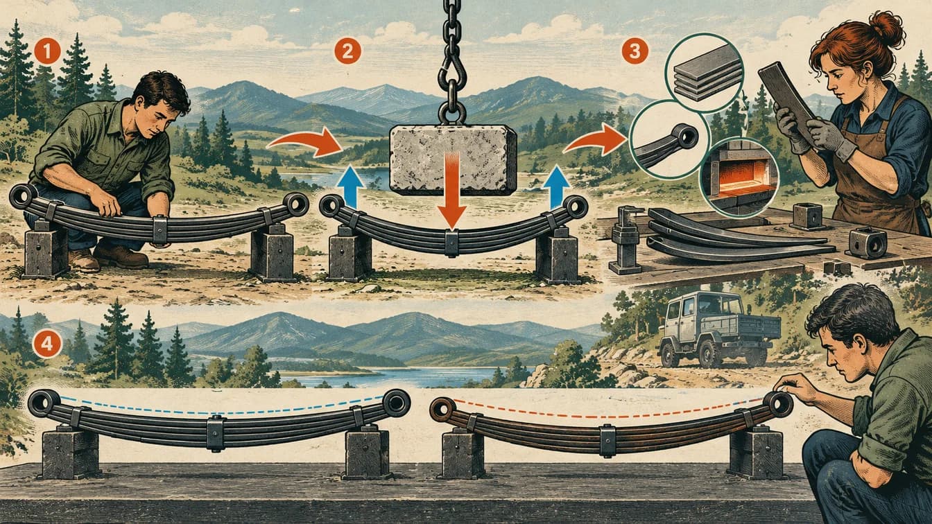 A spring bends under load and returns toward its unloaded shape; arrows show the forces and test sequence.