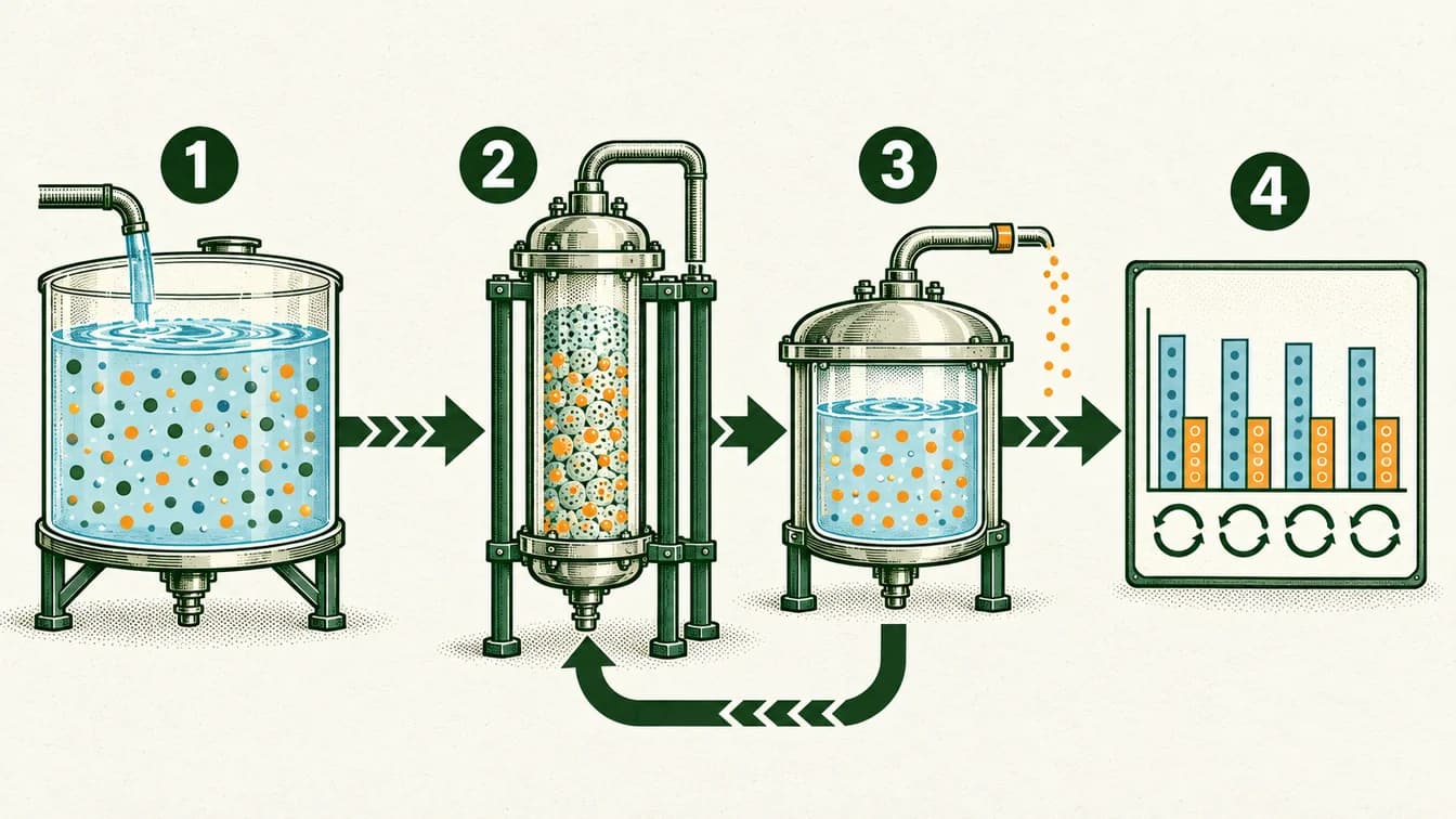 Conceptual sequence: Begin with a mixture containing lithium and other substances. A selective material captures some lithium. Release lithium into another stream and prepare the material for reuse. Compare recovery and performance over repeated cycles.