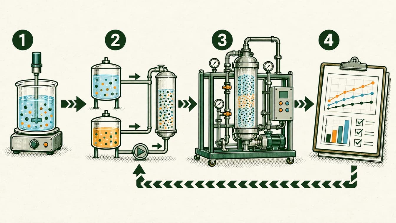 Conceptual sequence: Start with a process demonstrated at laboratory scale. Plan flow, equipment and control needs. Build a larger demonstration system. Use testing to revise the design.