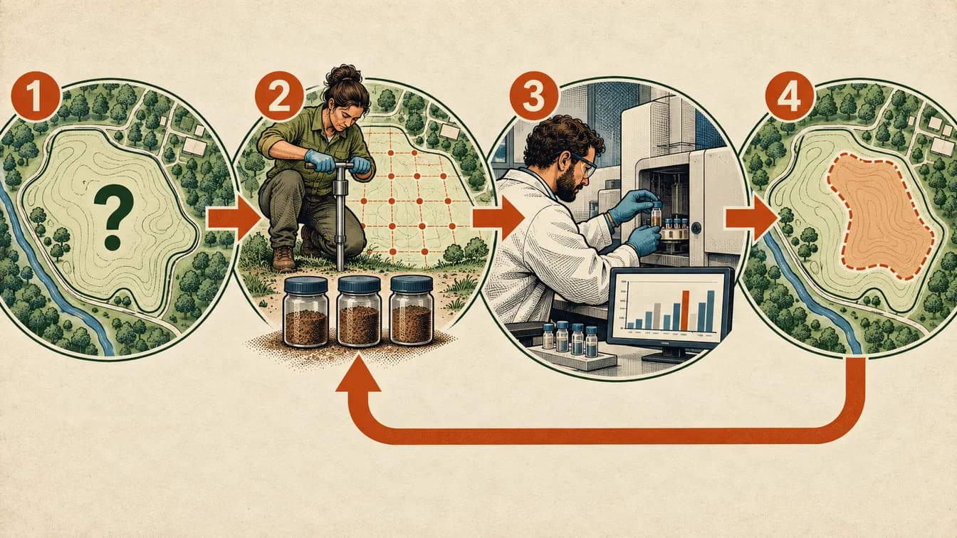 Conceptual teaching illustration for What evidence tells you which contaminated soil needs treatment? Four numbered stages and arrows correspond to the explanation below.