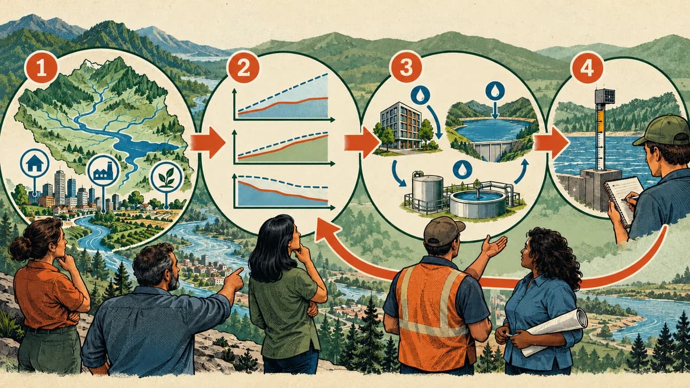 Conceptual teaching illustration for How do you plan water supplies for a city that keeps changing? Four numbered stages and arrows correspond to the explanation below.